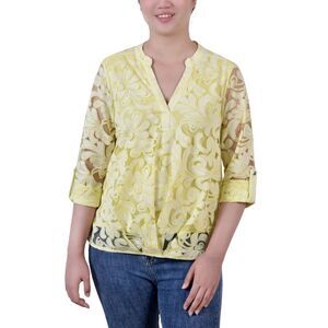 NY Collection Petite Long Sleeve Burnout Y-Neck Blouse